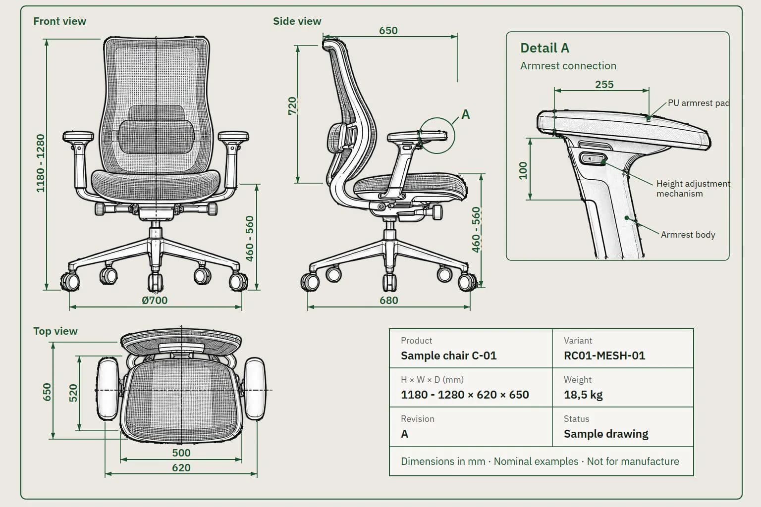 Sample ergonomic chair drawing with dimensioned front, side and top views, armrest connection detail and title block; illustrative dimensions, not for production.