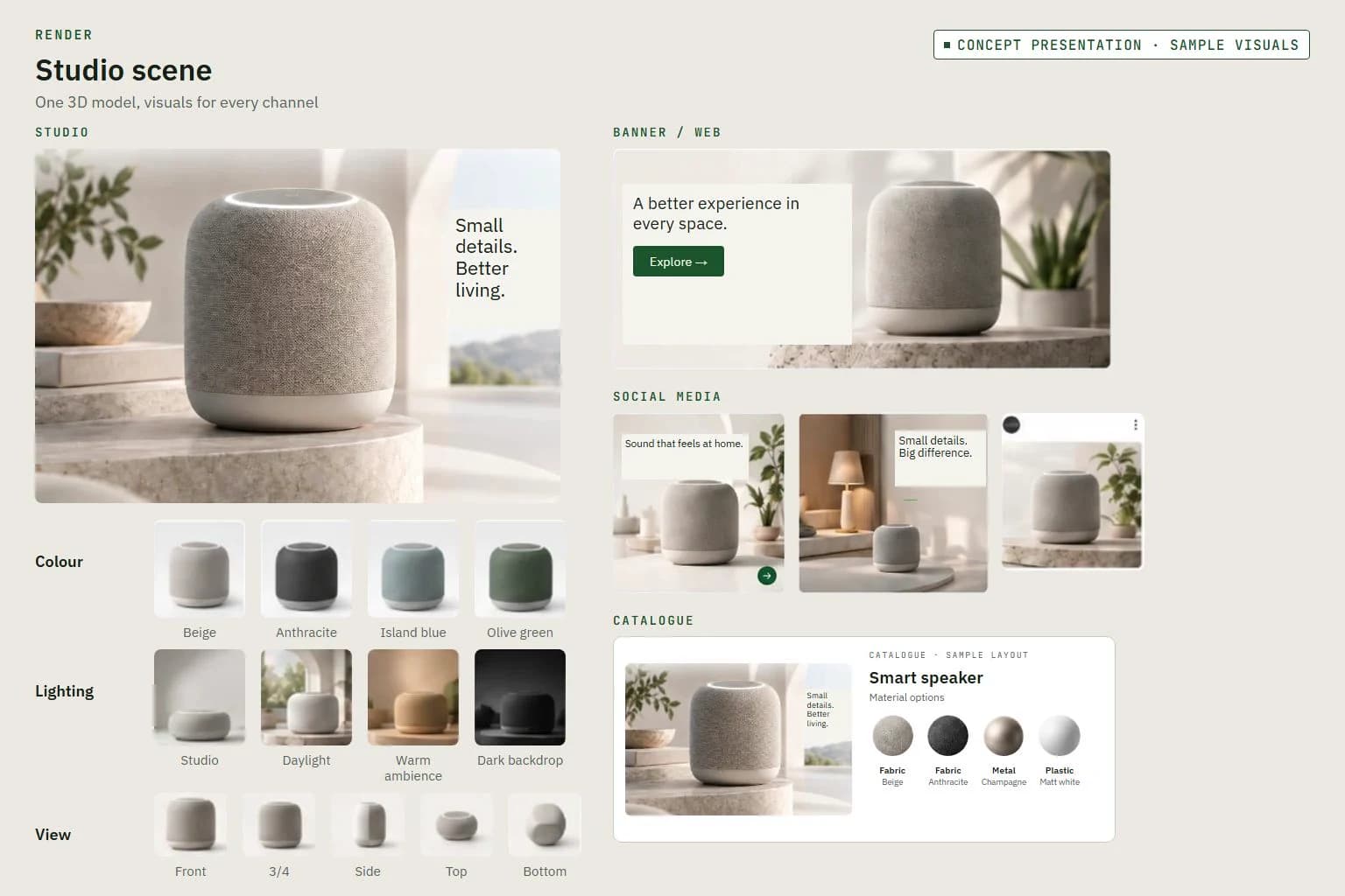 Illustrative smart speaker presentation combining studio, colour, lighting and angle variants with social-media, banner and catalogue outputs from the same model.