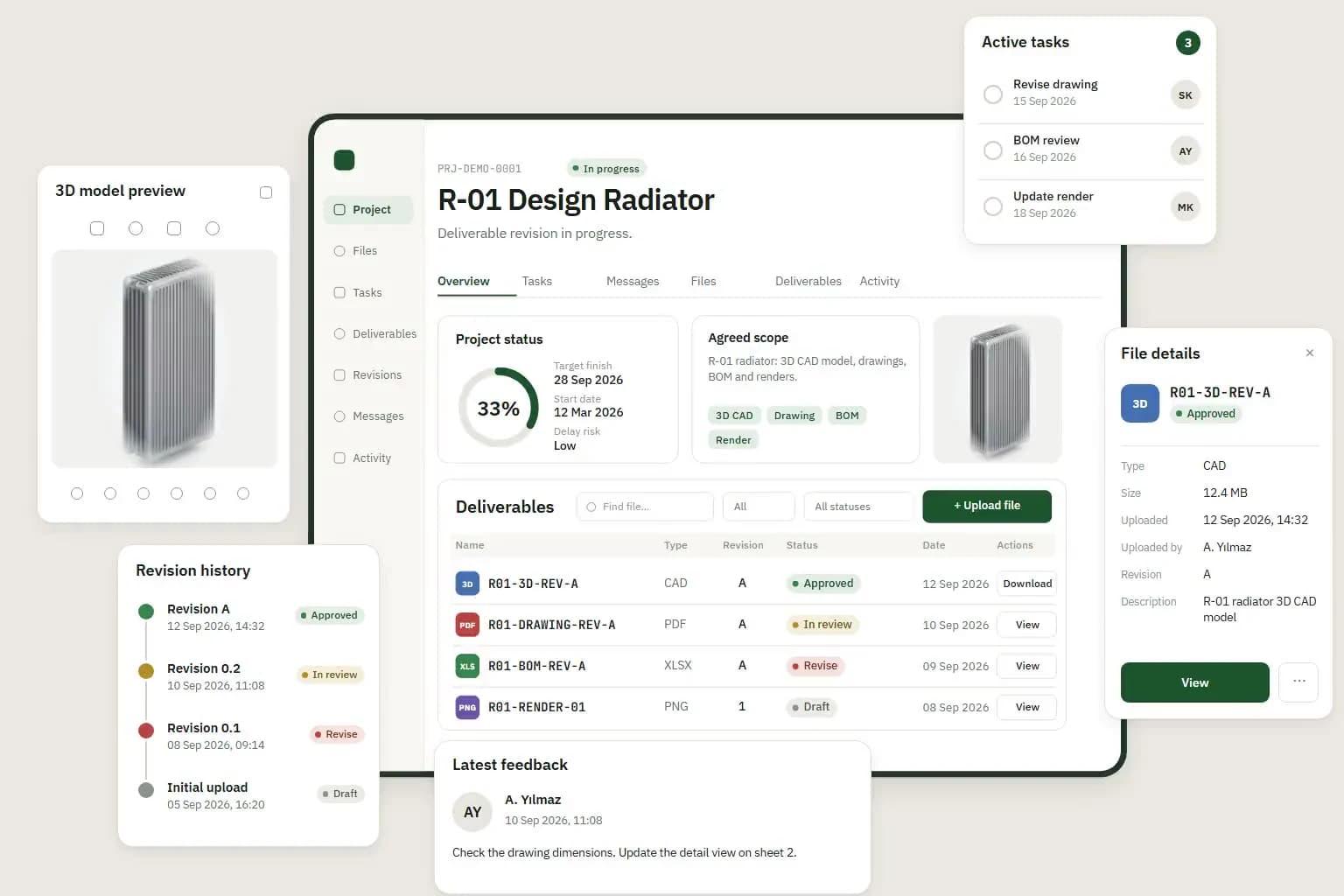 Concept interface illustrating files, delivery versions and project status; the sample tools and records do not show a current product screen.